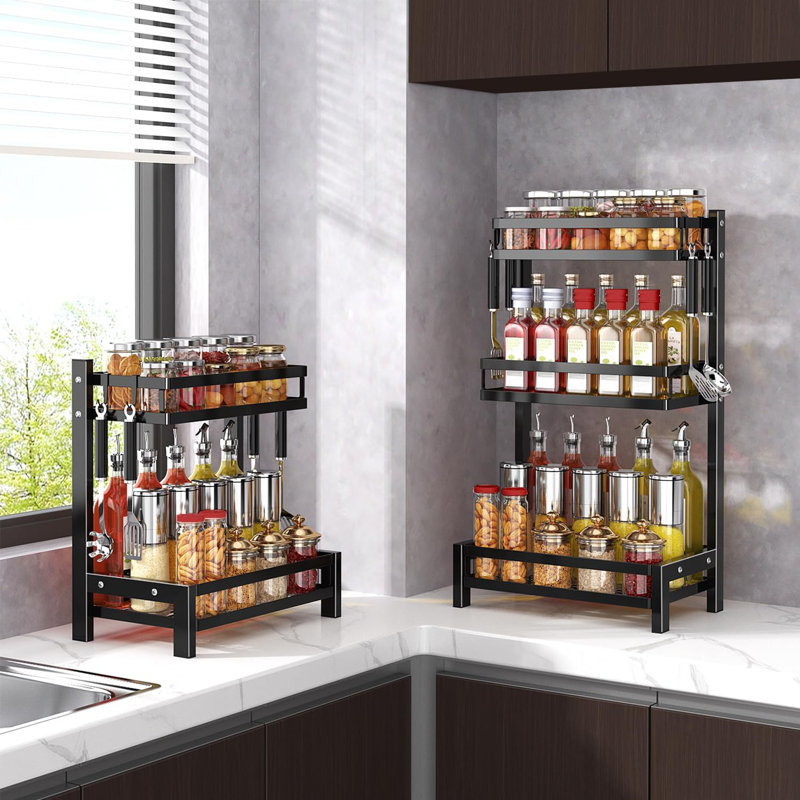 Mint Pantry Spice Rack Organizer Free Standing 2 Tier Kitchen Countertop Spice Storage Organizer Shelf For Cabinet Seasoning Metal Kitchen Bathroom Pantry Counter Storage Shelf With 4 Hooks Black Wayf...